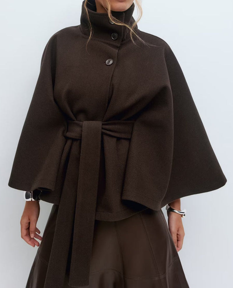 Sculpted Wool-Blend Belted Cape Jacket