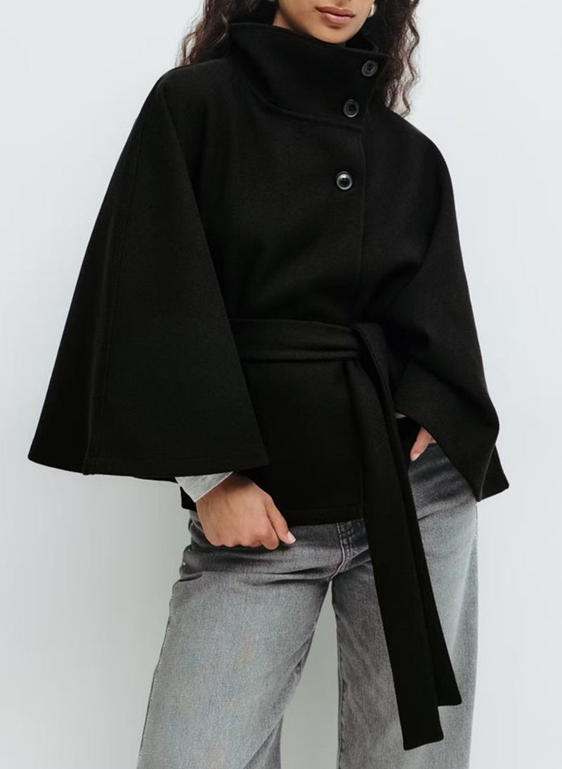 Sculpted Wool-Blend Belted Cape Jacket
