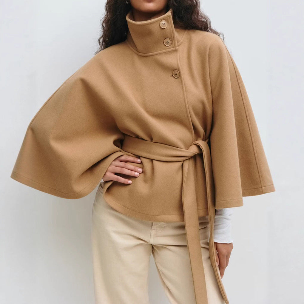 Sculpted Wool-Blend Belted Cape Jacket