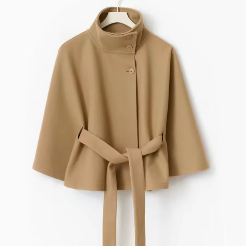 Sculpted Wool-Blend Belted Cape Jacket